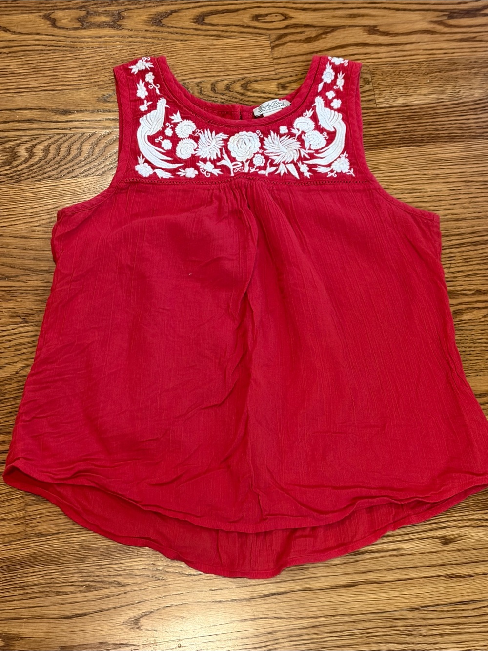 Lucky Brand Red Sleeveless Linen Tank with White Floral Embroidery